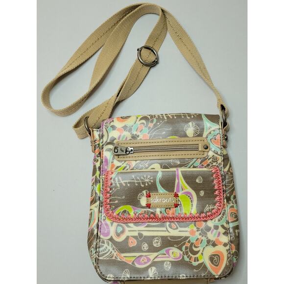SakRoots Peace Crossbody Shoulder Bag Purse Brown Feathers Fold Over Satchel 9x8 - Picture 1 of 7
